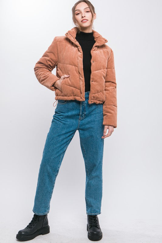 Corduroy Puffer Jacket with Toggle Detail